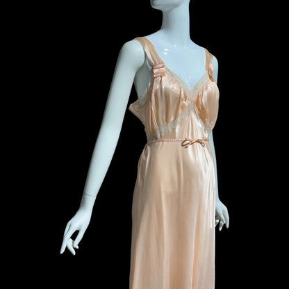 MISS SIREN, vintage 1930s Nightgown slip dress, shiny peach rayon bias cut lacy slip dress