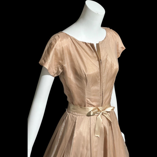 GIGI YOUNG, vintage 1950s dress, Toasty Caramel organza cocktail party dress, pleated fit & flare evening dress