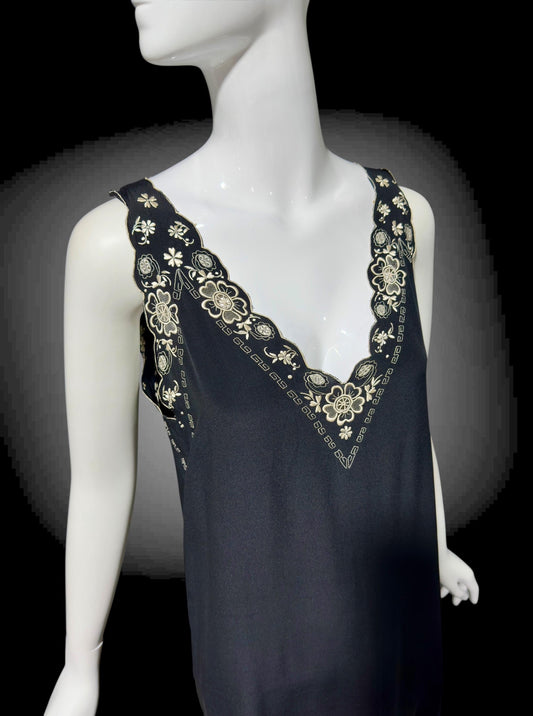 PEONY, vintage 1950s Silk Nightgown slip dress, black and white shift cut hand embroidered long gown