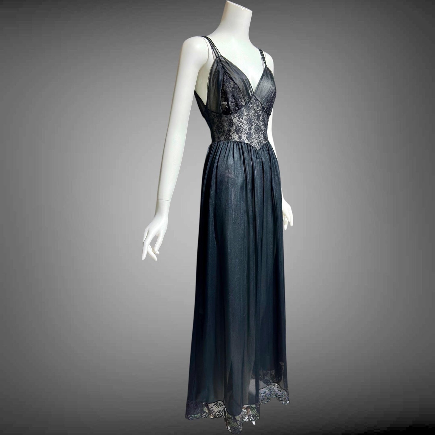 Rogers vintage 1950s Black Lace Nylon Nightgown Slip Dress