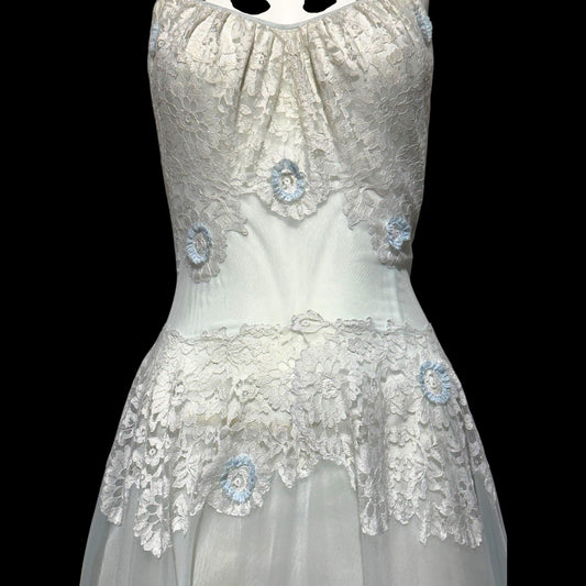 VANITY FAIR, vintage 1950s Nightgown Slip Dress, Sheer Powder Blue Nylon and Lace House Dress