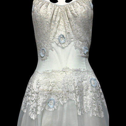 VANITY FAIR, vintage 1950s Nightgown Slip Dress, Sheer Powder Blue Nylon and Lace House Dress