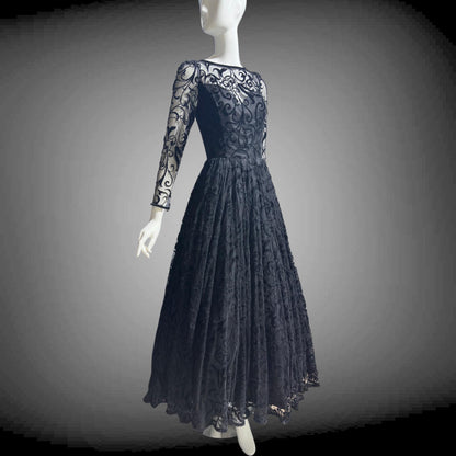 CAROLINE CHARLES, vintage 1980s evening dress ball gown, Made in England, Neiman Marcus Black formal dress