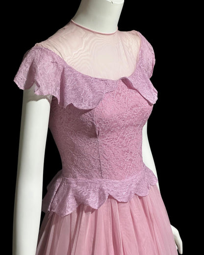 1940s vintage evening gown dress, Orchid purple mesh cupcake prom dress, illusion top with ruffle, peplum circle skirt