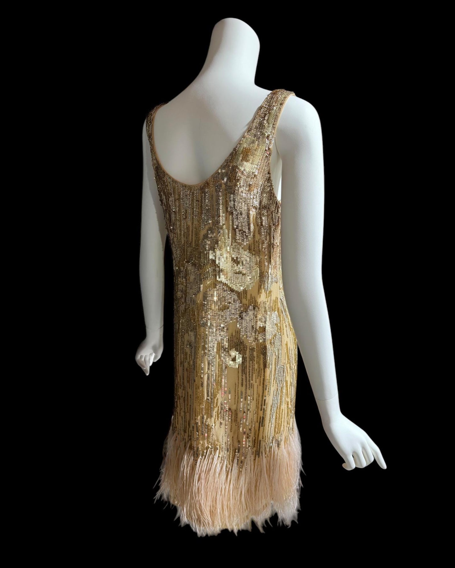 Y2K Gold sequins & pink feathers flapper style party cocktail dress, Custom Made Slip Tank Dress