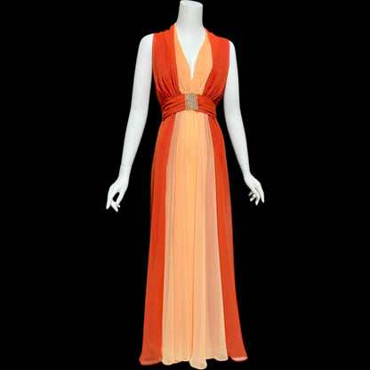 EMMA DOMB, vintage 1970s evening dress, rust and peach chiffon gown