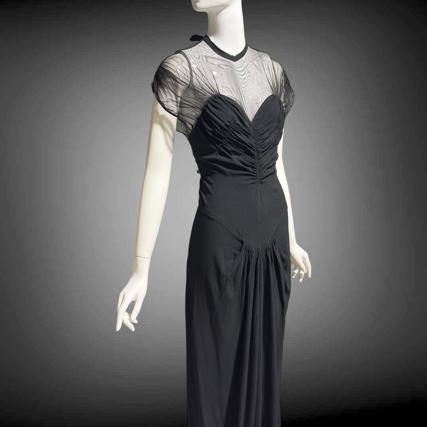 DOROTHY O'HARA vintage 1940s evening dress gown, Black crepe and mesh illusion neckline sheath gown