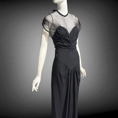 DOROTHY O'HARA vintage 1940s evening dress gown, Black crepe and mesh illusion neckline sheath gown