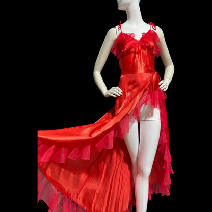 1940s vintage nightgown slip dress, Shiny lipstick red satin with a sheer mesh tulle ruffled trim