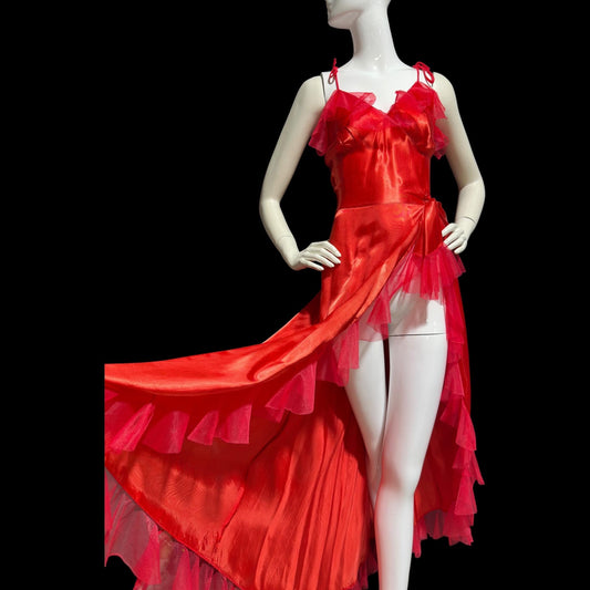 1940s vintage nightgown slip dress, Shiny lipstick red satin with a sheer mesh tulle ruffled trim