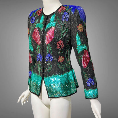 1980s vintage Evening jacket, vibrant jewel tone beaded and sequins princess cut elegant cocktail party jacket blouse top