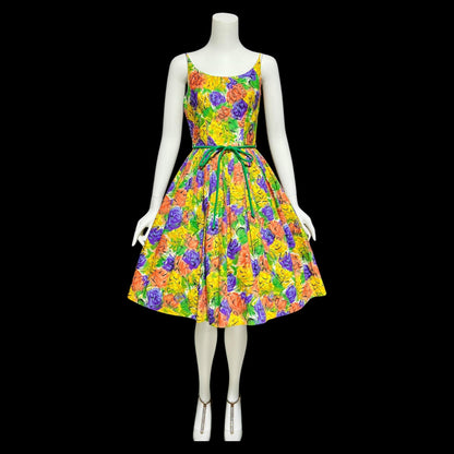 1950s vintage Dress, Floral Cotton Pinup Sundress, Pleated full skirt with sequins