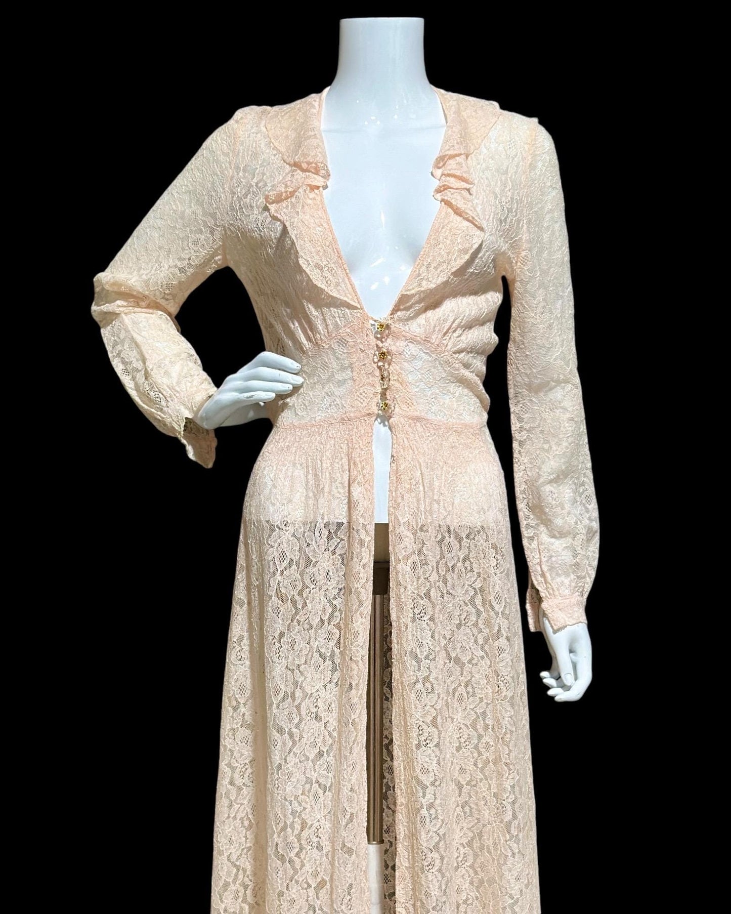 FLOBERT vintage 1940s sheer pink lace dressing gown robe, lace button front peignoir housecoat