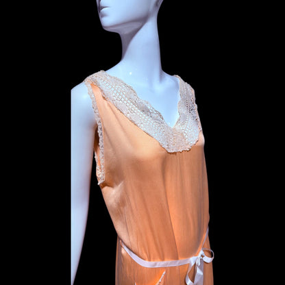 1920s vintage nightgown slip dress, peach sorbet silk shift lingerie dress