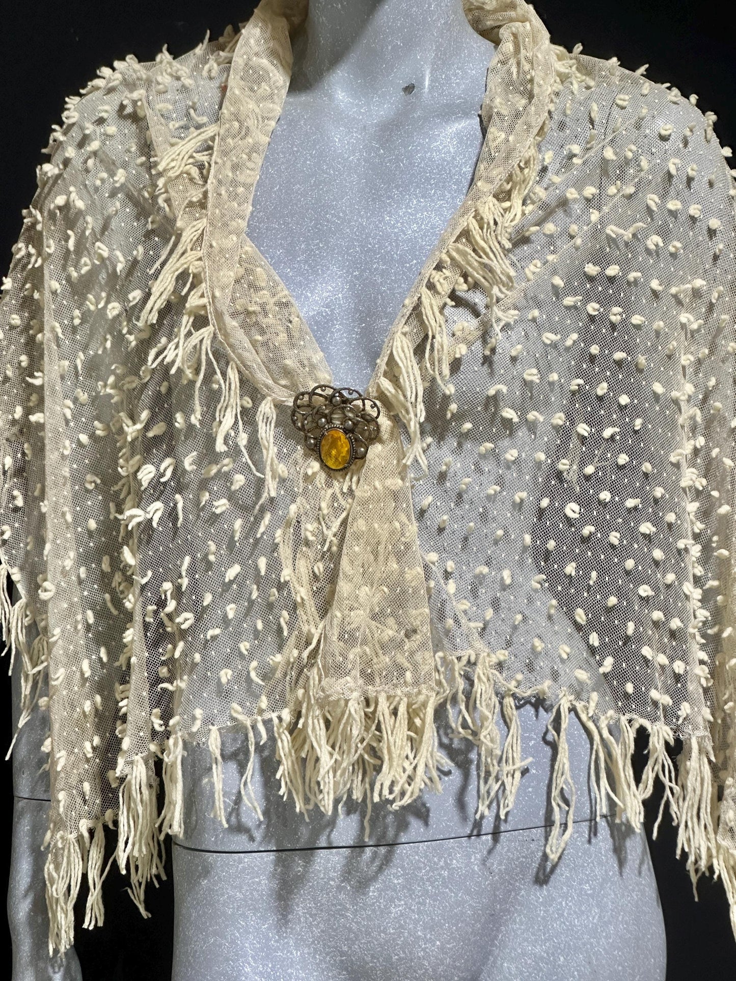 Victorian Edwardian fringed shawl scarf, Creamy White net and yarn Bridal Wrap
