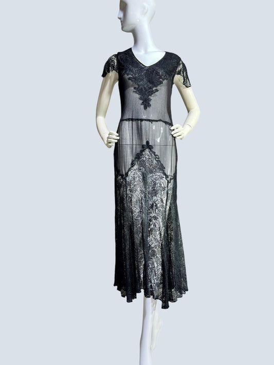 1930s vintage sheer black lace dress, wickedly sheer French lace evening dress, black see through feather weight sheath gown