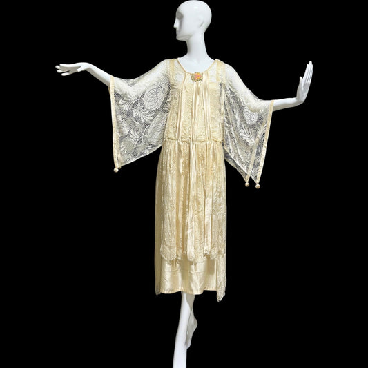 1920s Antique vintage wedding dress, Handmade candlelight white silk and lace slip dress with scarf sleeves, bridal flapper dress