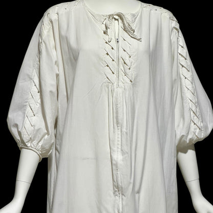 KEYLOUN, vintage 1970s caftan dress,  white cotton zip front Hippie Boho Kaftan Dress