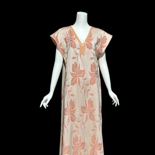 FERNANDO SANCHEZ, vintage 1970s caftan dress, peach brushed cotton Orchid print Kaftan House Dress