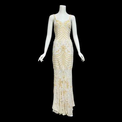 EVA HAYNAL FORSYTH, Vintage 1990s evening wedding dress, off white beaded sequins mermaid sheath slip dress gown