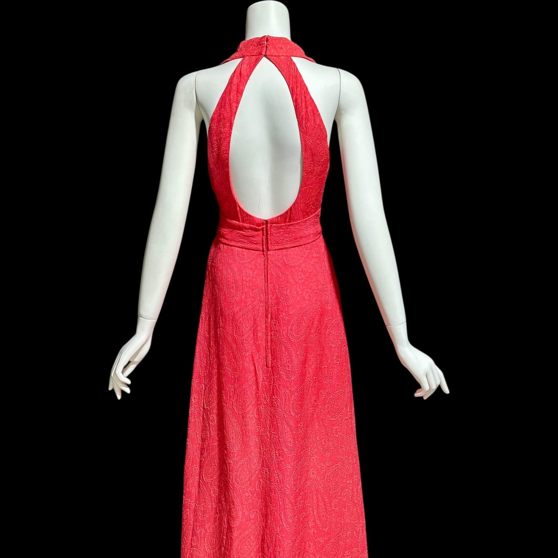 Estevez Vintage Evening Dress, 1970s Salmon Coral Embossed Paisley Full Length Halter Gown