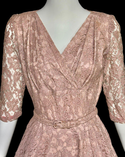 ANN KAUFFMAN, vintage 1940s dress, Old Rose Pink lace w/ silver metallic, shelf bust fit and flare cocktail party evening dress