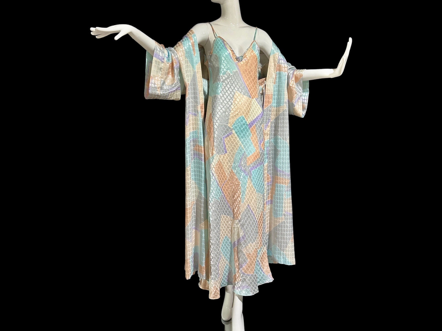 GEORGETTE TRABOLSI vintage 1980s nightgown robe peignoir set, pastel abstract slip dress and dressing robe set