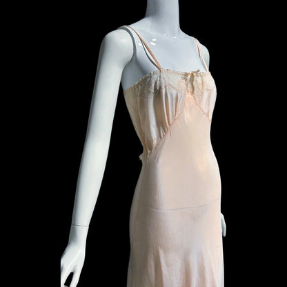 1930s vintage Pale Peachy Pink Rayon Slip Dress: Bias Cut Nightgown, Lace Trim