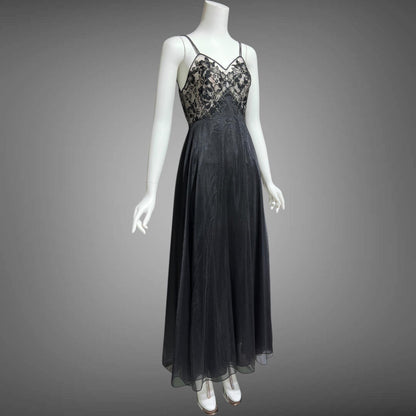 VANITY FAIR, vintage 1950s Nightgown Slip Dress, Dramatic black and silver double layer full sweep gown