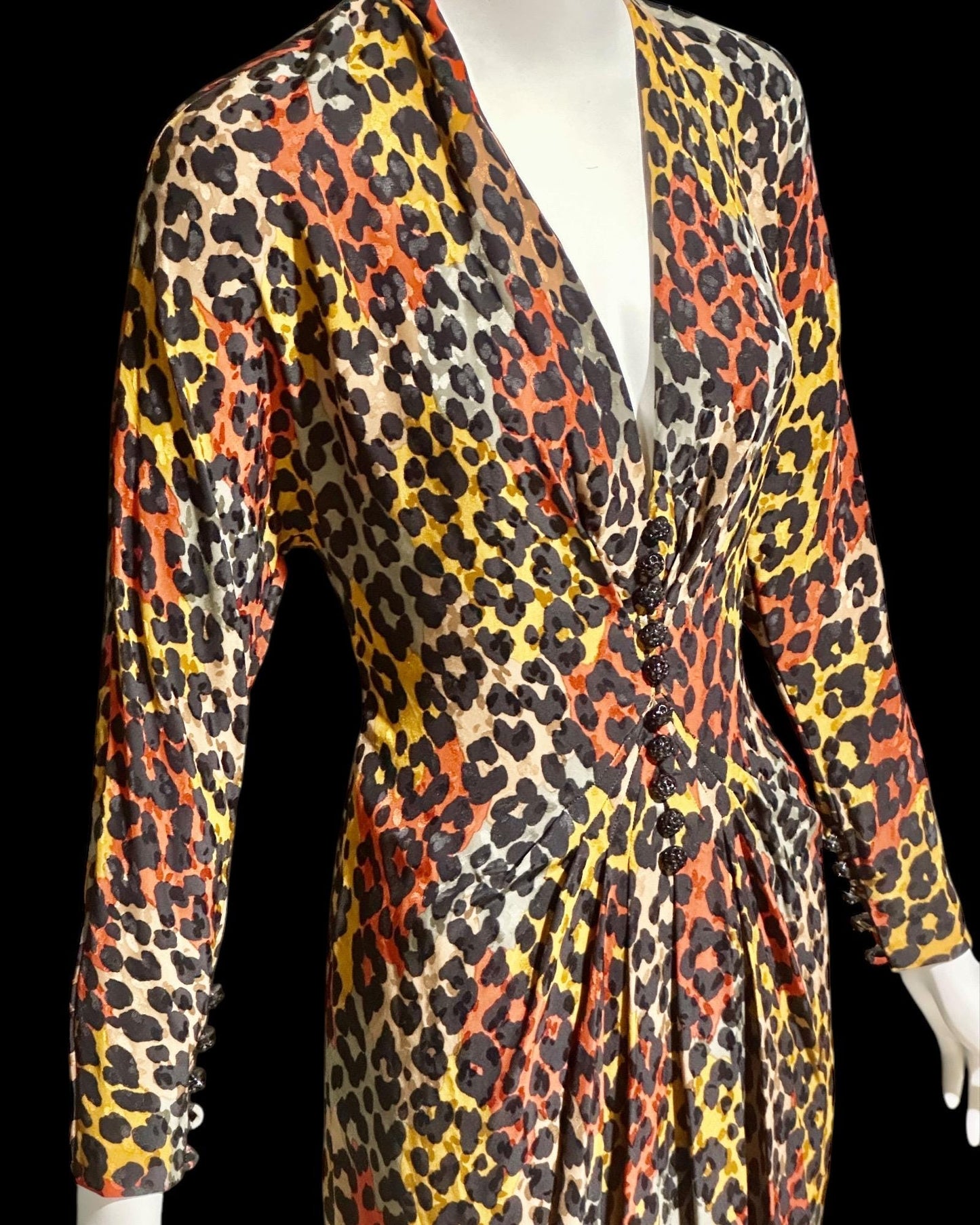 ADOLFO vintage 1980s silk dress, SAKS Fifth Ave, Animal print Office evening party dress, deep V long sleeve