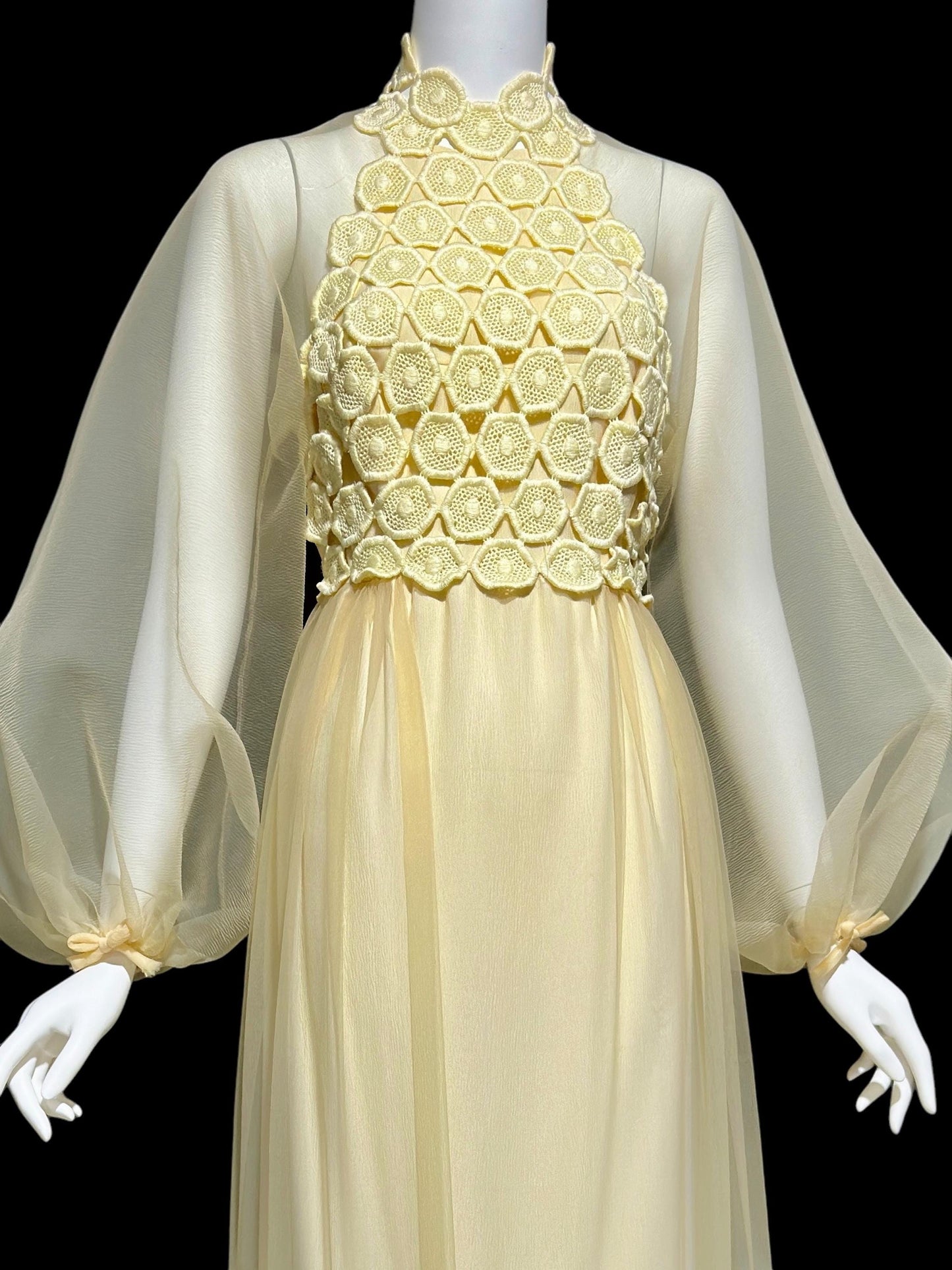 CYRELD PARIS, vintage 1970s chiffon evening dress, WERLE Beverly Hills, pale yellow sheer bishop sleeve dress