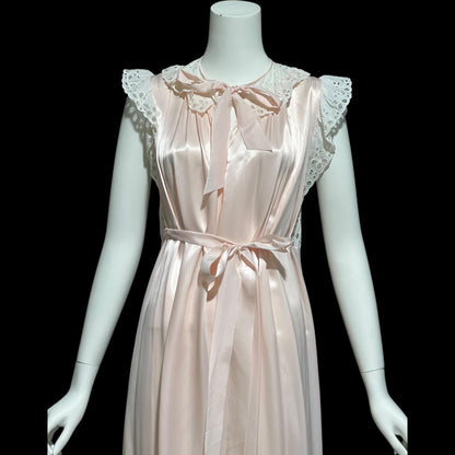GODFRIED, vintage 1940s nightgown, Pink Bur-mil Rayon with white eyelet lace and waterfall back