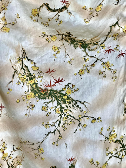1970s vintage kimono dressing gown, Japanese summer cotton house coat robe, yellow dogwood branches