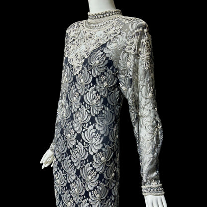 JUDITH ANN, Vintage 1980s sheer beaded dress, Black sheer mesh with beads, Hight neck with ruffle sheath cocktail party dress