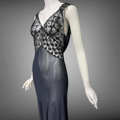 LADY DUFF, vintage 1930s Nightgown slip dress, sheer sultry black night dress, bias cut with lace