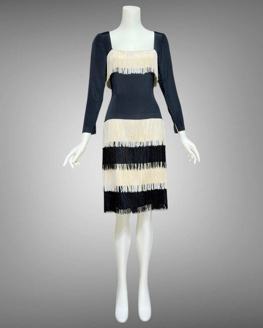 TRAVILLA vintage evening cocktail dress, 1960s black white fringed mod party dress