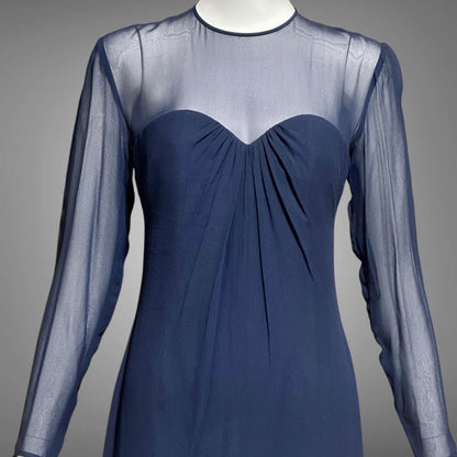 JEAN-LOUIS SCHERRER, vintage 1980s evening cocktail dress, navy blue sheer silk dress
