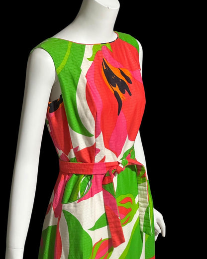 MALIA HONOLULU, vintage 1960s dress, Hawaiian wrap cotton maxi sundress, Hot Pink Green Summer Beach Party dress