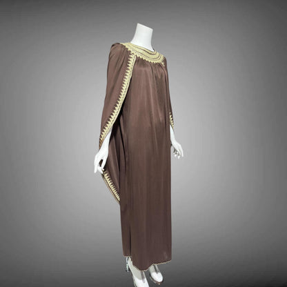 1970s vintage caftan dress, brown and gold metallic kaftan with attached cape