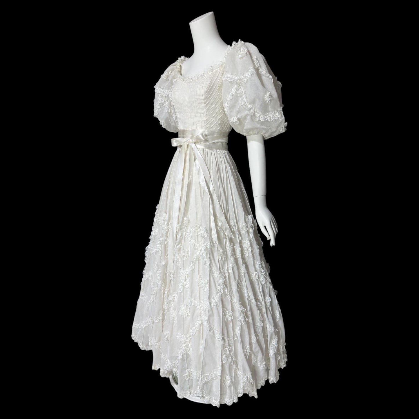 1970s Mexican Wedding dress, White cotton tiered lace ball gown, off shoulder huge Sleeves Bohemian gown