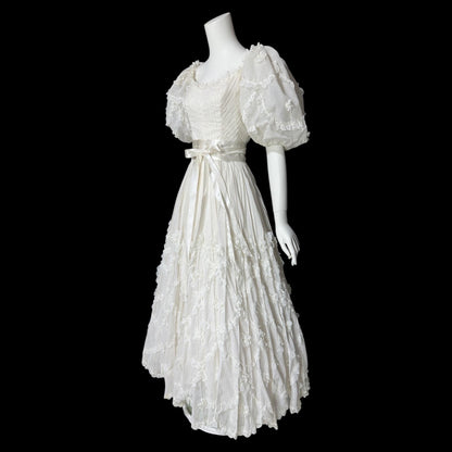 1970s Mexican Wedding dress, White cotton tiered lace ball gown, off shoulder huge Sleeves Bohemian gown