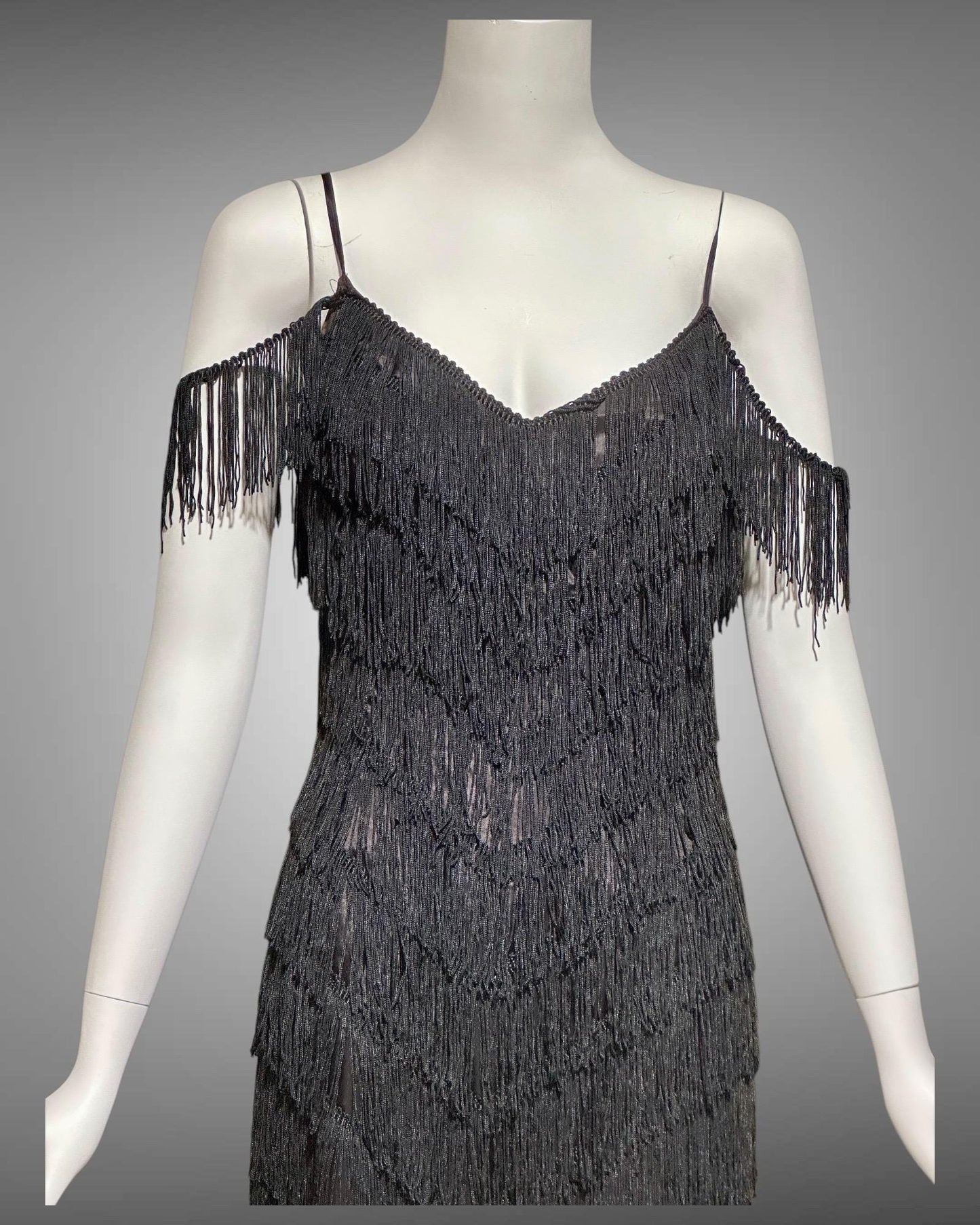 TD4 vintage 1980s Fringed evening cocktail dress, black mini party flapper slip dress