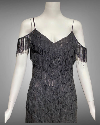 TD4 vintage 1980s Fringed cocktail dress, black mini party flapper slip dress