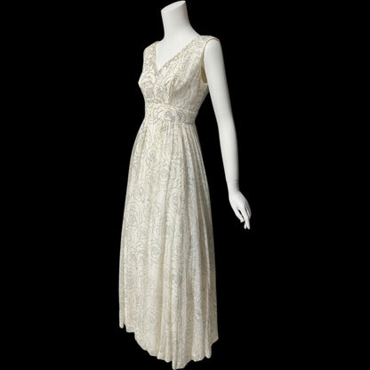 1960s vintage evening dress gown, white chiffon with sparkly silver rose sequins wedding bridal gown