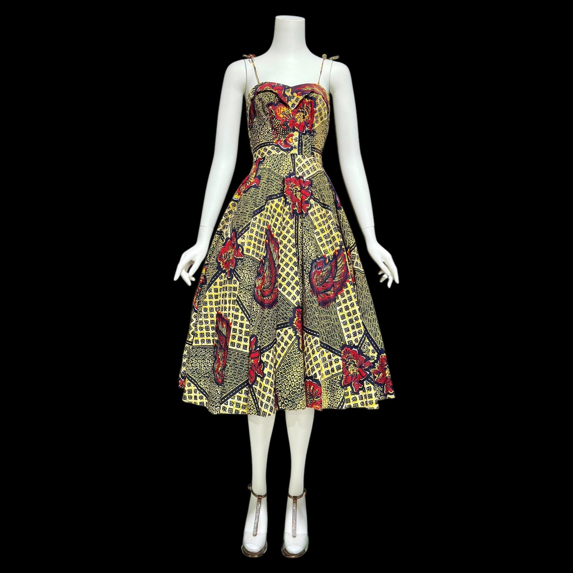 BABS' SHOPPE Kingston Jamaica, vintage 1950s bombshell shelf bust cotton print full circle skirt sundress