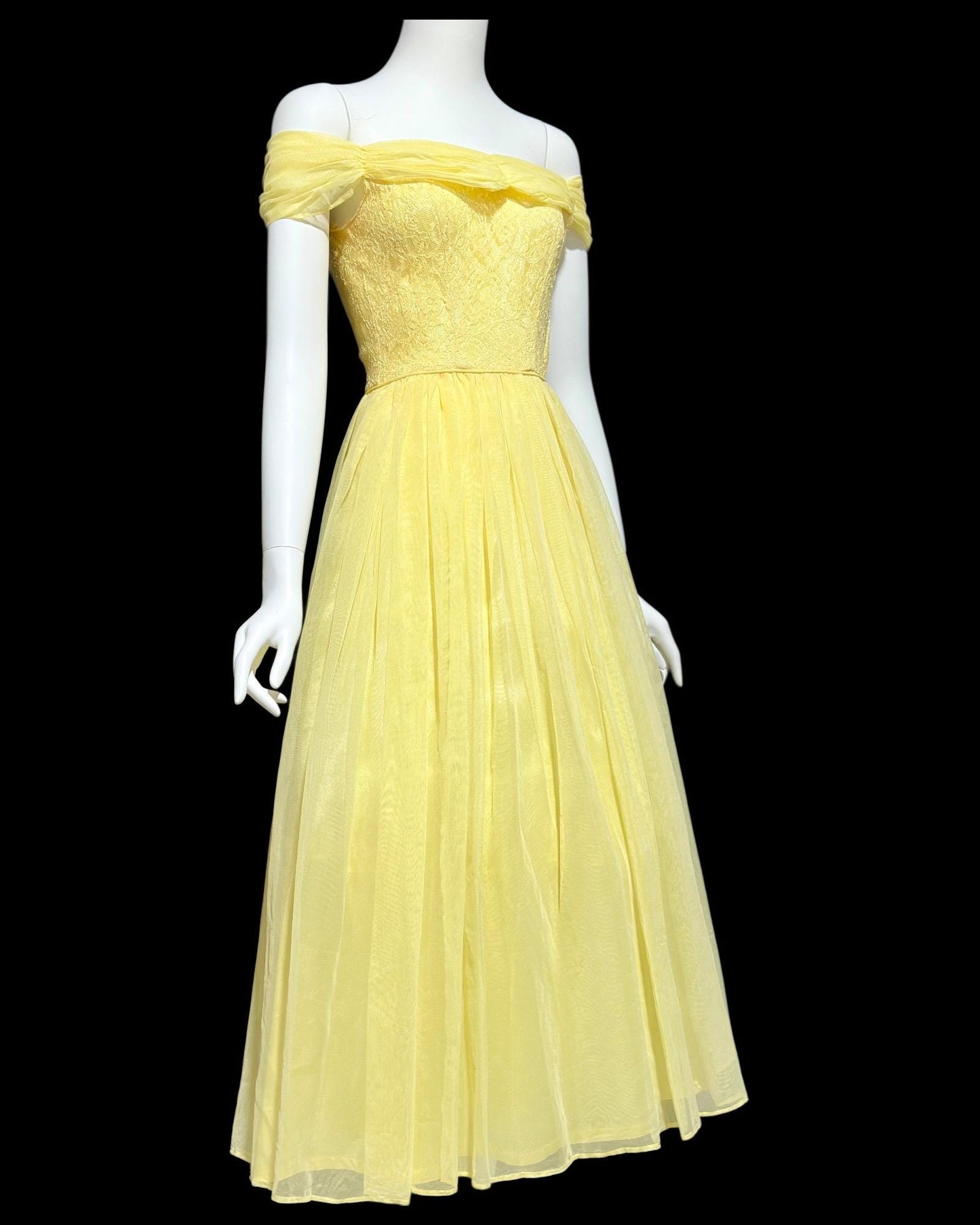 1940s vintage evening prom dress, Yellow mesh cupcake dress, off the shoulder, circle skirt