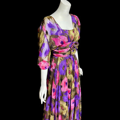 FRANK USHER LONDON, vintage 1980s evening dress, jewel tone floral chiffon with gold metallic