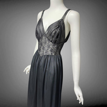 Rogers vintage 1950s Black Lace Nylon Nightgown Slip Dress