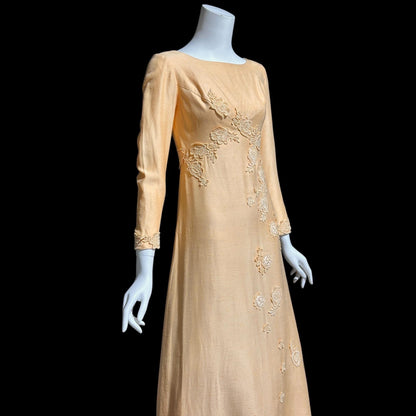 1960s Vintage evening bridesmaid dress, PEACH raw silk Mod gown, Long sleeves empire waist with flower appliques'