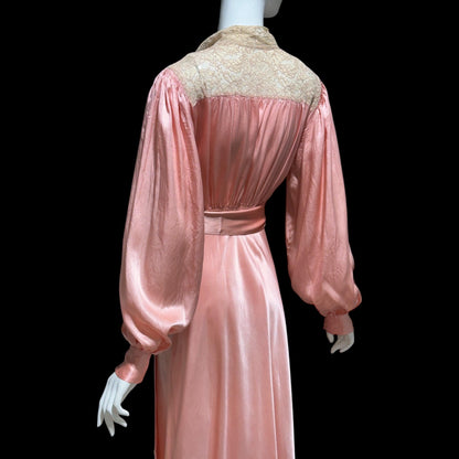 1930s vintage dressing gown robe, Shimmering Peachy pink silk with amazing lace, wrap front house coat loungewear